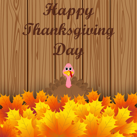 Turkey peeking out from autumn leaves and wishes everyone a happy Thanksgiving. Postcard on Thanksgiving Day, vector illustration.のイラスト素材