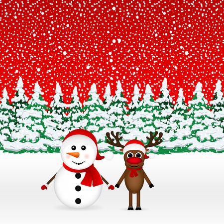 Snowman with reindeer and a snowman standing in the forest, vector illustrationのイラスト素材