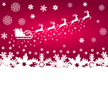 Santa Claus in sled rides in the sled reindeer on a purple background with snowflakes and glitterのイラスト素材