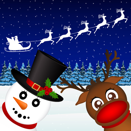 Snowman and Reindeer looking in the woods vectorのイラスト素材