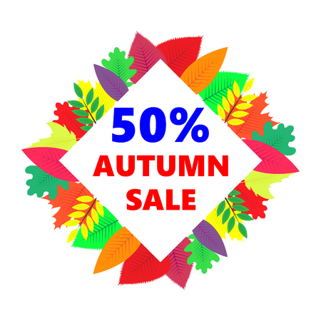 Autumn sale, vector design banner with colored leavesの写真素材