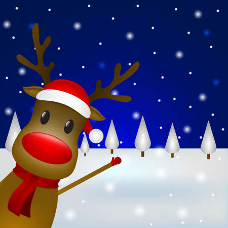Christmas reindeer with a scarf and a santa claus hat standing in the forest. Vector illustration for a festive designのイラスト素材