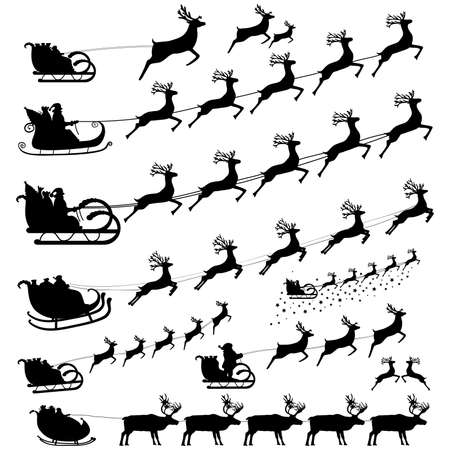 Santa claus flies with gifts on a sleigh in a reindeer sled for christmas and new year. Vector illustration for the holidayのイラスト素材