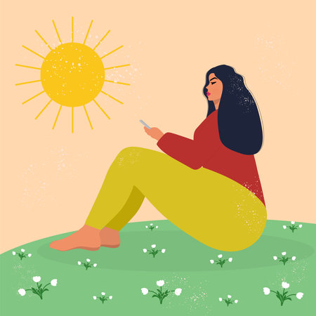 Young woman sits on a flower meadow.のイラスト素材