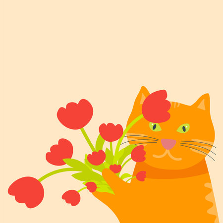 Orange funny cat with a bouquet of flowers.のイラスト素材