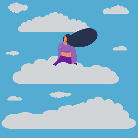Woman flies in the clouds. Flat designのイラスト素材
