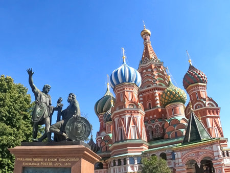 Moscow, Russia -August 7, 2023: Basils Cathedral on Red Square and the monument to Minin and Pozharskyのeditorial素材