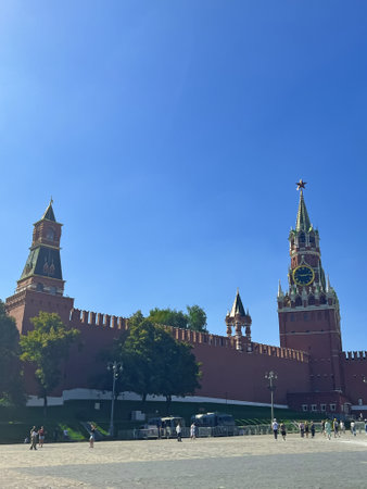 Moscow, Russia -August 7, 2023: Spasskaya Tower of the Moscow Kremlin on Red Square