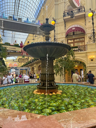 Moscow, Russia -August 7, 2023: Fountain in the center of the GUM store on Red Squareのeditorial素材