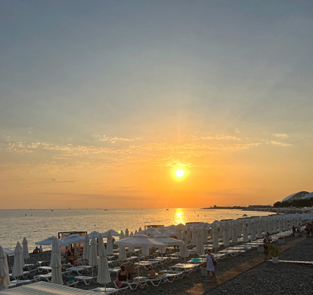 Sochi, Russia - 22 August 2025: Sunset in Imeretinskaya Bay of Sochiのeditorial素材