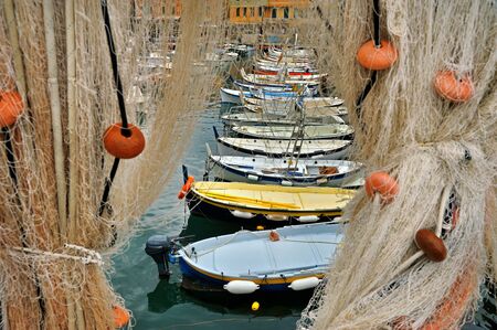 fishing nets and boatsの写真素材