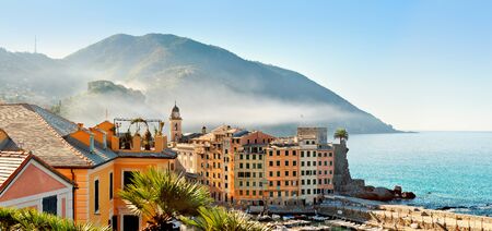 Panoramic view on top of the town Camogli in the morning fogの写真素材