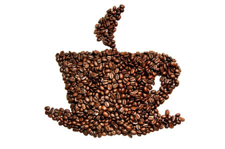 coffee grains in the shape sign of a cup of coffee on a white backgroundの写真素材