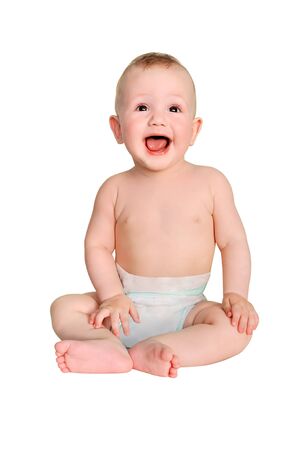 happy little boy in diaper on a white background  isolatedの写真素材