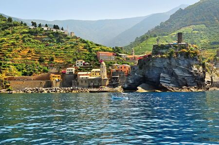 picturesque view  from the sea of vernazza and hillsの写真素材