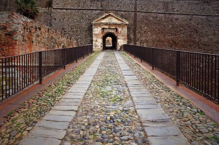 entrance gate and  bridge to the castle in Savonaのeditorial素材