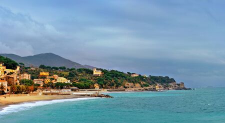 picturesque bay celle ligure with colorfull  buildings and blue skyの写真素材