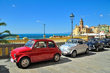 Camogli, Liguria, Italy - September 20, 2015 Festival Fiat 500 Rally takes place on the beach...