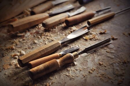 chisel and cutting wood equipment in carver workshopの写真素材