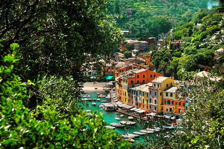 View from above on the bay Portofino with colorful houses and boatsの写真素材