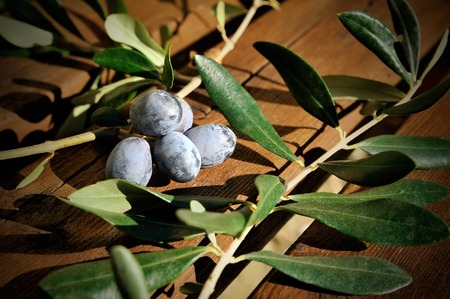 a bunch of blue olives with lives on a boardの写真素材