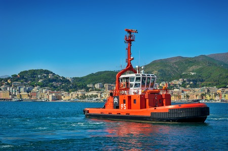 Genova, Italy - September 25, 2016: Fire boat in port Genova, Pegli Genova Ligure Italyのeditorial素材