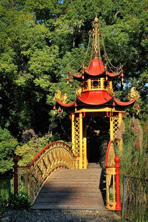 Chinese pavilion with bridge in park of Villa Durazzo-Pallavicini, Italyの写真素材
