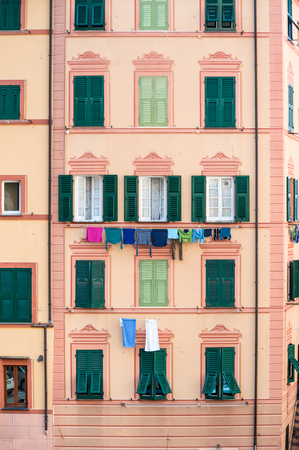 Traditional italian colorful houses facade in small village Camogliの写真素材