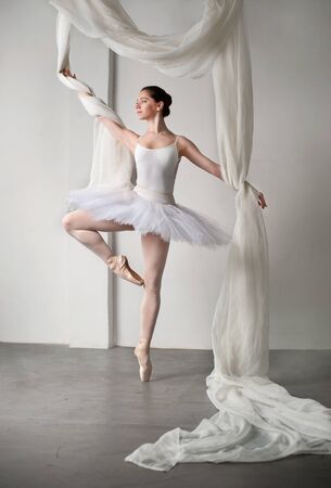 Young beautiful ballerina is posing in studio with flay fabricsの写真素材