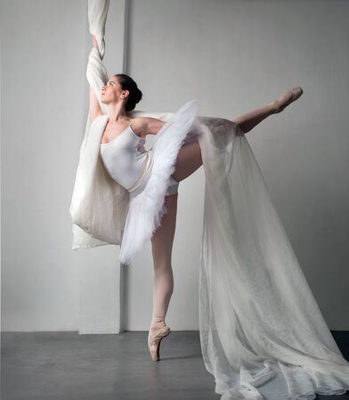 Young beautiful ballerina is posing in studio with flay fabricsの写真素材