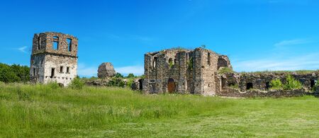 Ukraine, Podgora village, Ternopil region, Terebovlya district. Panoramic view of Pidhiryan Monastery, ruins of monastery gate and cell, beginning of the 18th c.の写真素材
