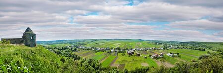 Ukraine, Podgora village, Ternopil region, Terebovlya district. Pidhiryan Monastery. Panoramic view from the monastery to the neighboring villages of Podgora, Semeniv, Zelenche.の写真素材