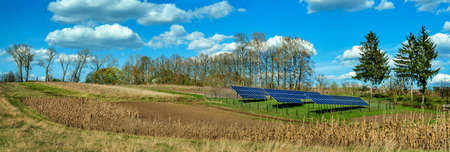 panoramic view of a farmer's work on a spring field and dry corn near a solar panel system