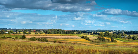 panoramic view of agricultural lands, allotments, plots, colored lines and hillsの写真素材