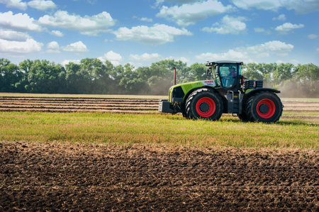 Bilogirya, Khmelnytsky region, UKRAINE - August 19, 2021: tractor CLAAS 5000 Xerion at the demonstration of agricultural machinery, exhibition "Battle of agrotitans"のeditorial素材