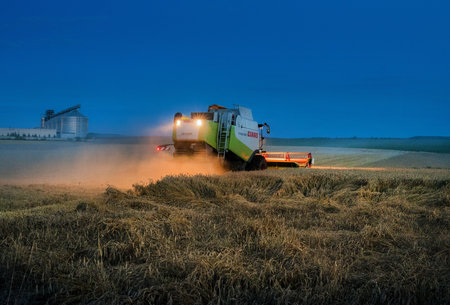 TERNOPIL REGION, UKRAINE - August 03, 2021: - CLAAS combine harvester works at night in a wheat field, evening lighting of reaping workのeditorial素材