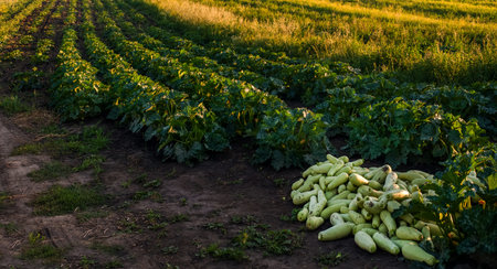 A pile of organic zucchini growing rows on the plantation of the farm. zucchini crop, pile rowsの写真素材