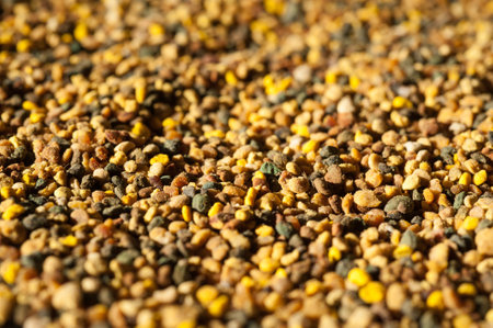 close-up of pollen, grainy texture, bright not uniform color, depth of field of the lens