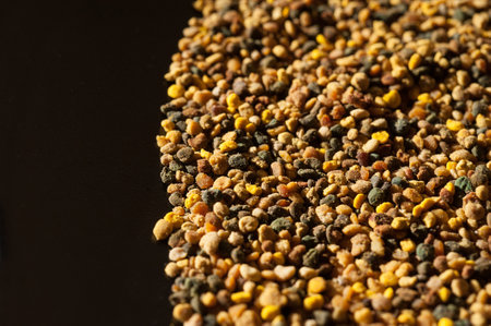 close-up of bee pollen on black plate, organic, medicinal food, top viewの写真素材