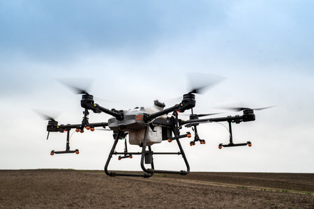 test flight of a new agricultural drone before the start of agricultural processing of fields