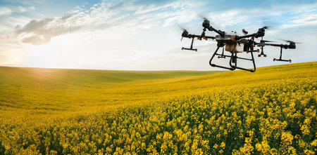 A drone sprays a yellow field of rapeseed from pests in a cloudy sky, Application of Zzr by Drones -...