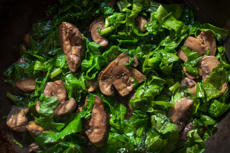 Healthy vegetarian food, spinach and stewed mushrooms close-up, spinach and mushroomsの写真素材
