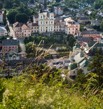 Top view of Jesuit church, collegium and roofs of ancient buildings of Kremenets, Ternopil region,...