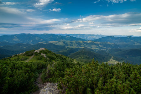 view of the Chornohirskyi Range, peaks of the Carpathian Mountains, tourist routesの写真素材