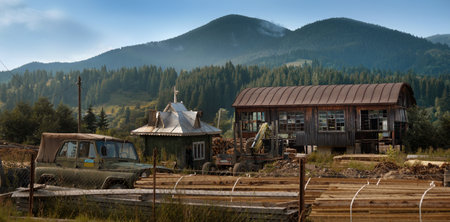 old sawmill in the Carpathian mountains, old wagon hangar, jeep, piles of boards, lumber and woodworking, western style, outdatedの写真素材