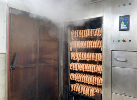 smokehouse in industrial production, industrial smoking chamber sausages on the rack