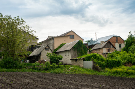 cascade of huts, sheds, in the backyard of agricultural estates, village and landscapesの写真素材