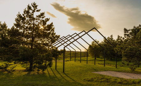 The series of graphic metal structures harmoniously fits into the natural landscape among the pine...
