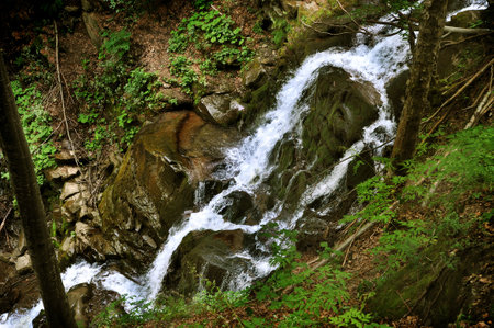 cascades on a mountain river, powerful streams of water fall from rocks in waterfalls,...