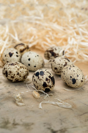 Still life with quail eggs on a wooden surface surrounded by decorative straw an atmosphere of rural coziness.の写真素材